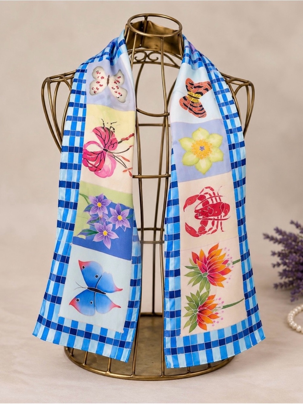 Vintage Silk Floral Butterfly Scarf Blue Gingham Hand Rolled Hem